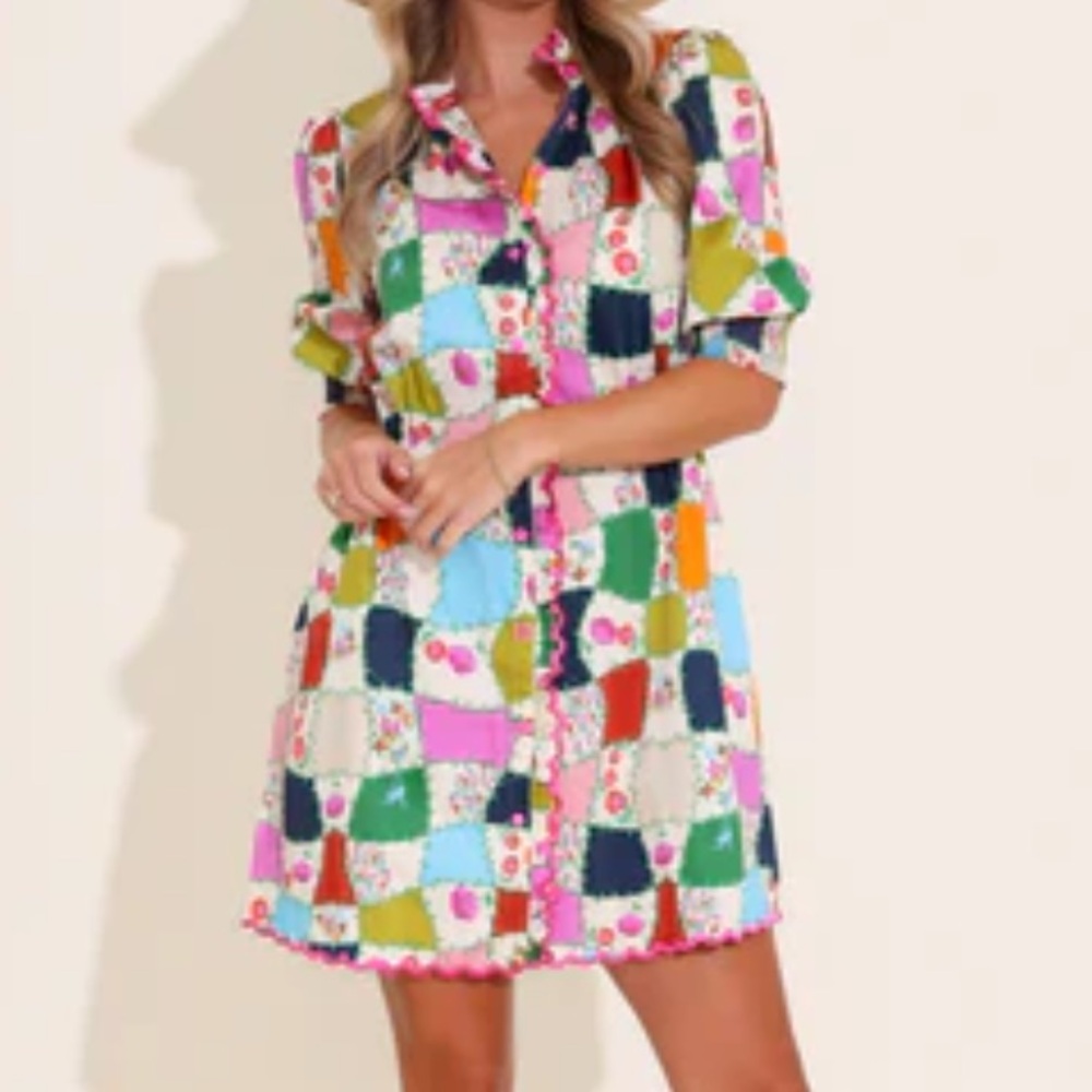 Alden Adair Multicolored Patchwork Floral Button Dress with scalloped embroidery - Picture 5 of 7